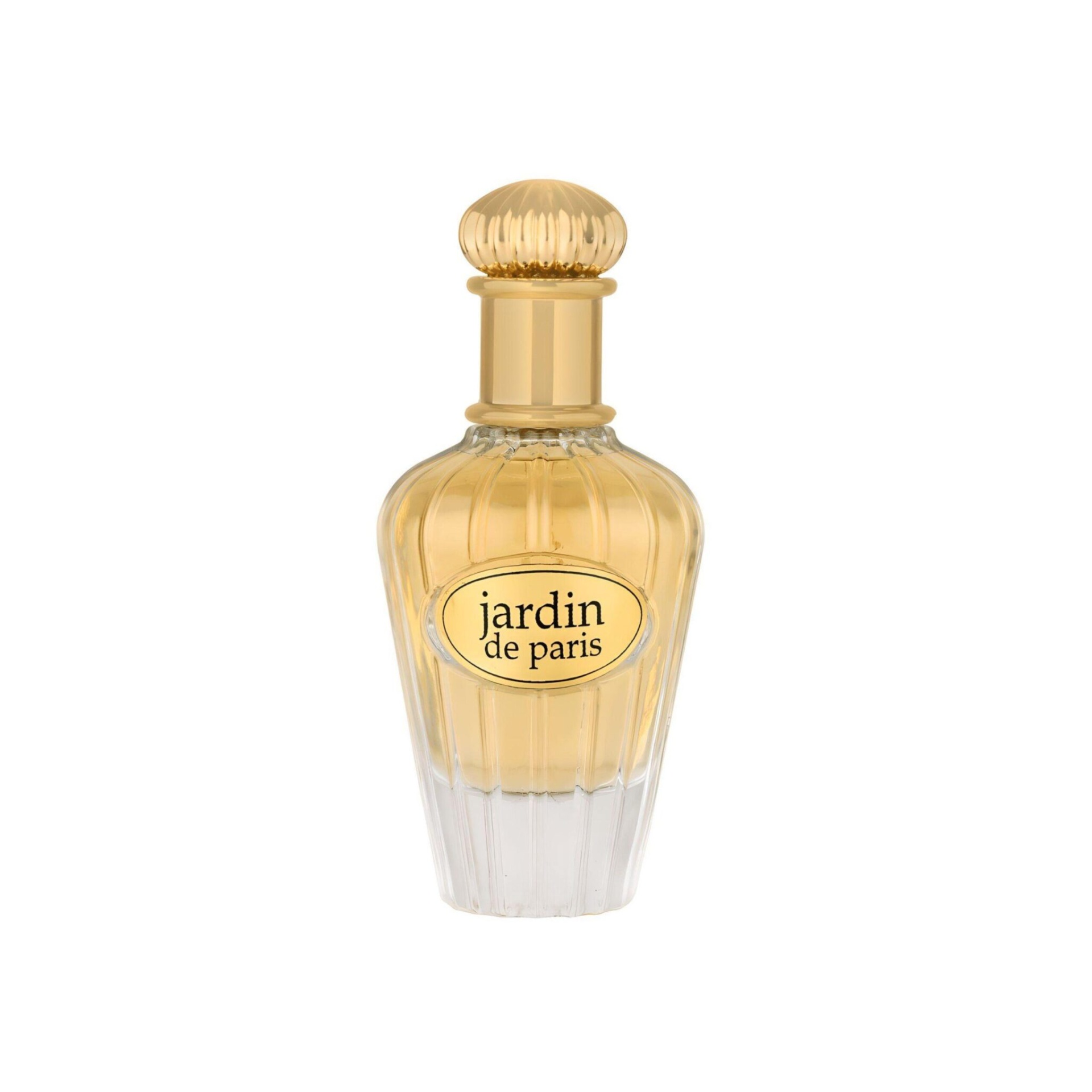 Maison Alhambra Jardin De Paris Eau De Parfum 100 ml Frasco de perfume Jardin de Paris com líquido amarelo e tampa dourada