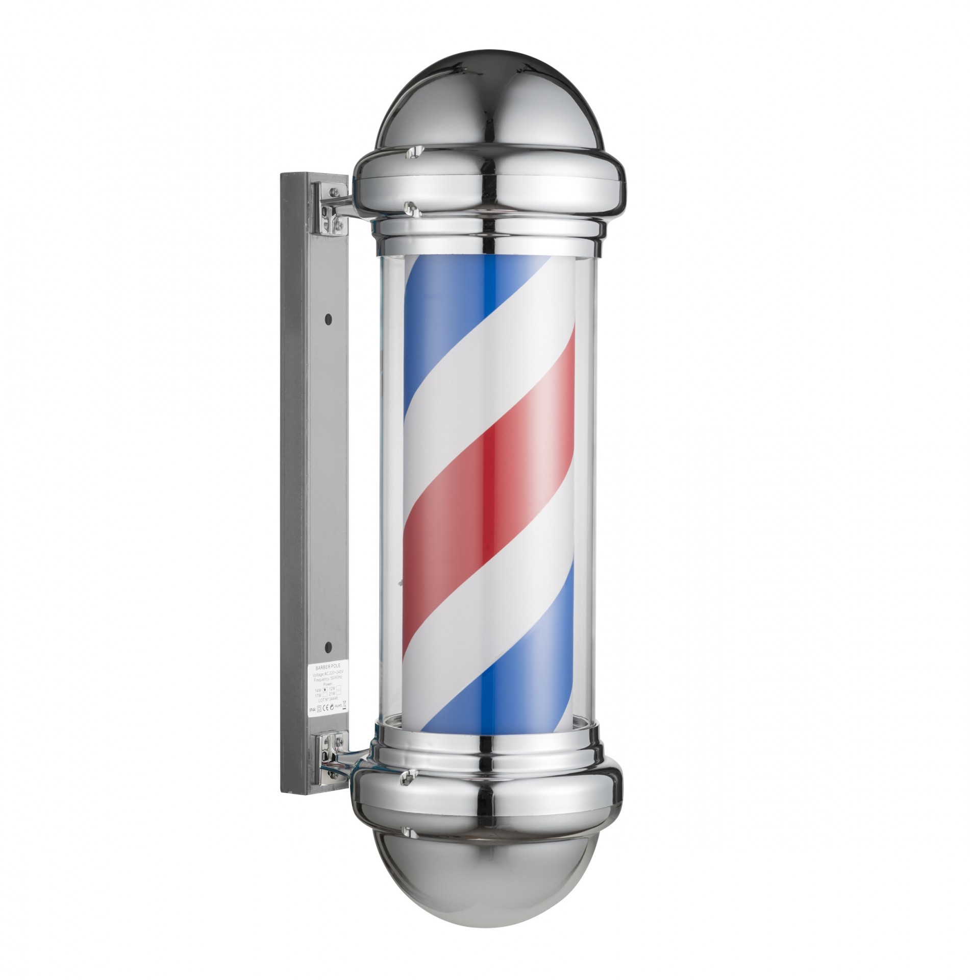 Eurostil Candeeiro | Pólo | Barber pole Barbearia 61cm Letreiro luminoso de barbeiro cromado com faixas azul, branco e vermelho