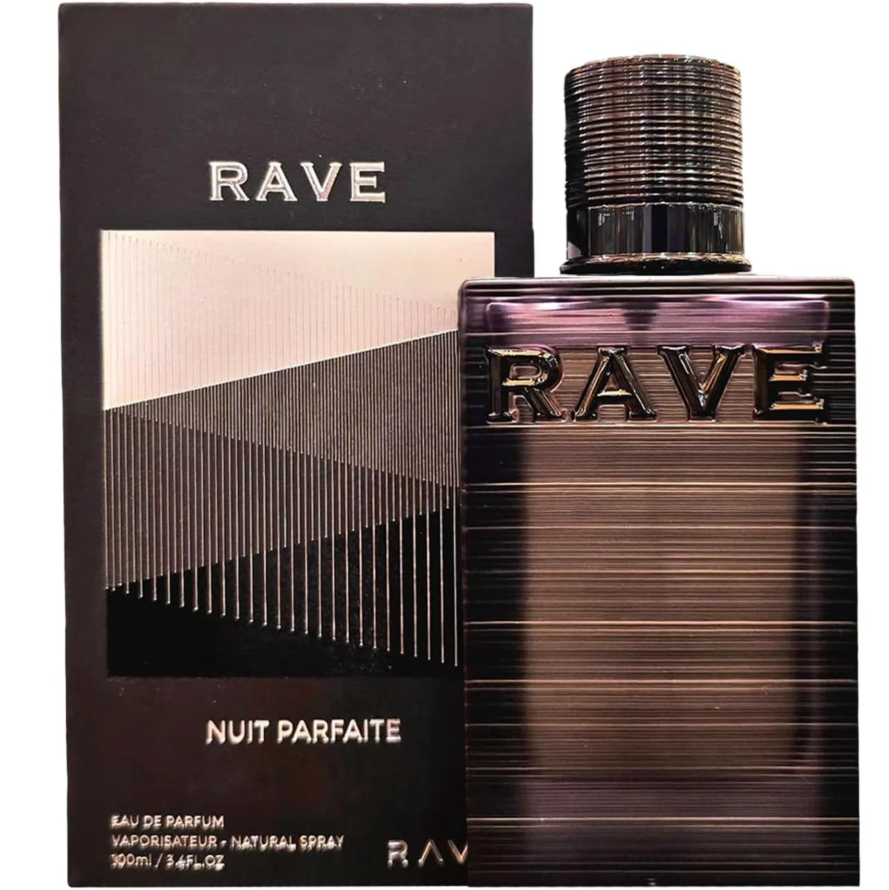 Lattafa Rave Nuit Parfaite Spicy 100ml Frasco e caixa de perfume RAVE em cor escura com texto NUIT PARFAITE