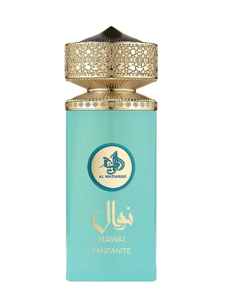 Al Wataniah Nawal Tanzanite EDP U 100 ml Frasco de perfume azul turquesa com tampa dourada detalhada e texto dourado