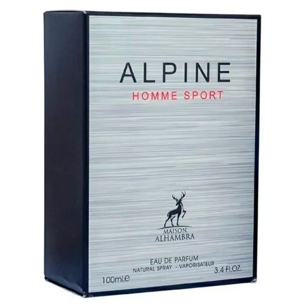 Maison Alhambra Alpine Homme Sport Eau De Parfum 100 ml Embalagem de perfume ALPINE HOMME SPORT cinza com texto preto e vermelho