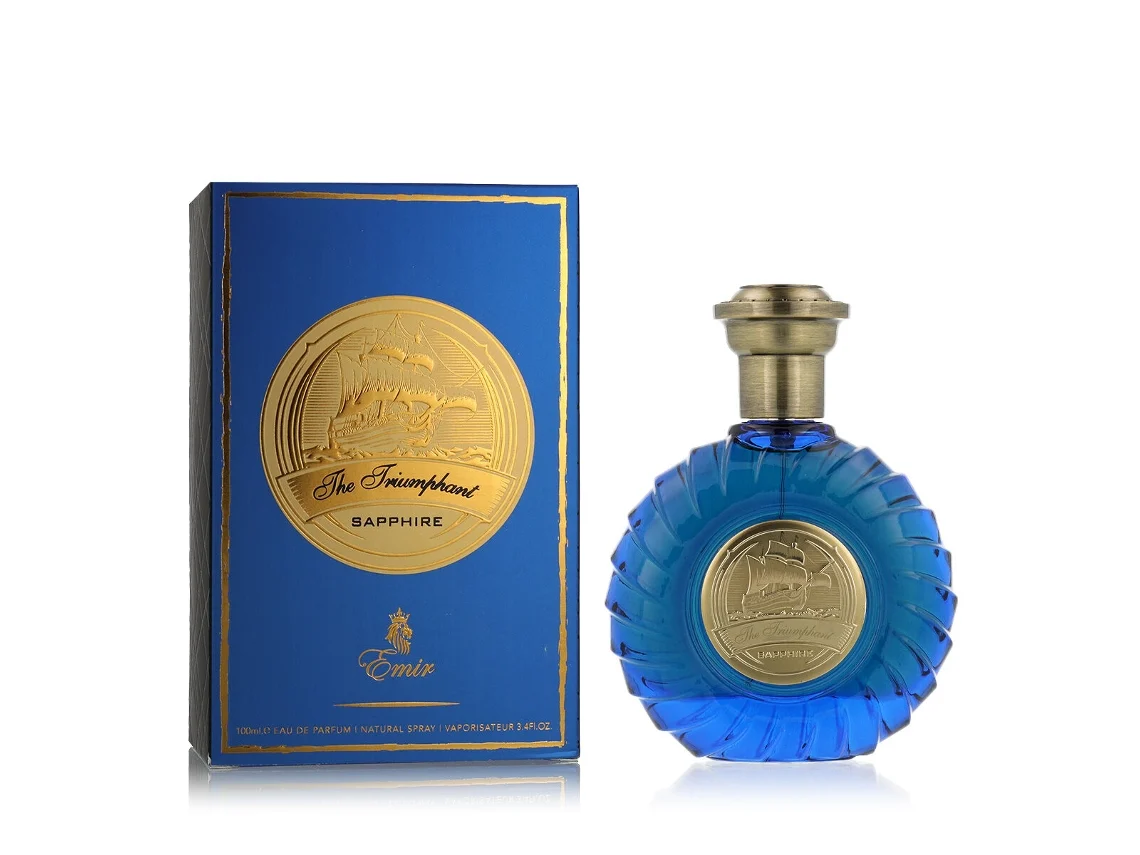 Emir The Triumphant Sapphire 100ml Frasco de perfume azul com caixa azul e detalhe dourado