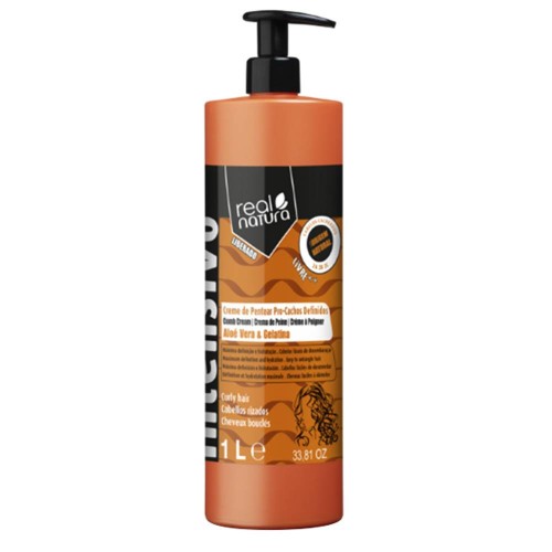 Real Natura Creme de Pentear Pro-Cachos Definidos 1000ml Frasco laranja com doseador preto de creme para pentear real natura para cachos