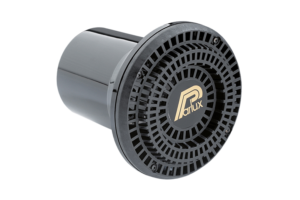 Parlux Difusor Universal Peça cilindrica preta com grelha circular e logótipo Parlux amarelo no centro