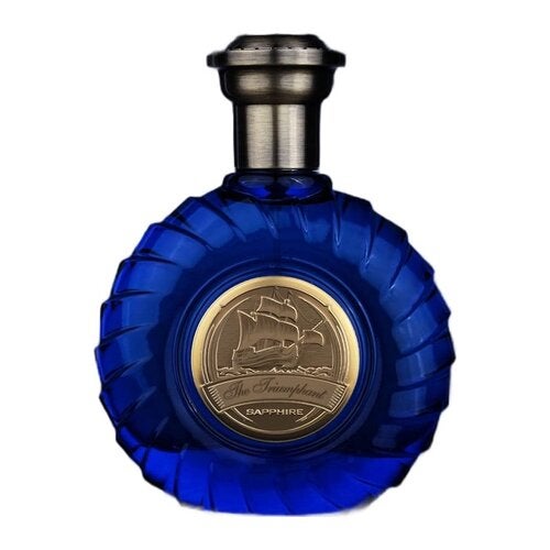 Emir The Triumphant Sapphire 100ml Frasco redondo azul com tampa metálica e emblema dourado de navio.
