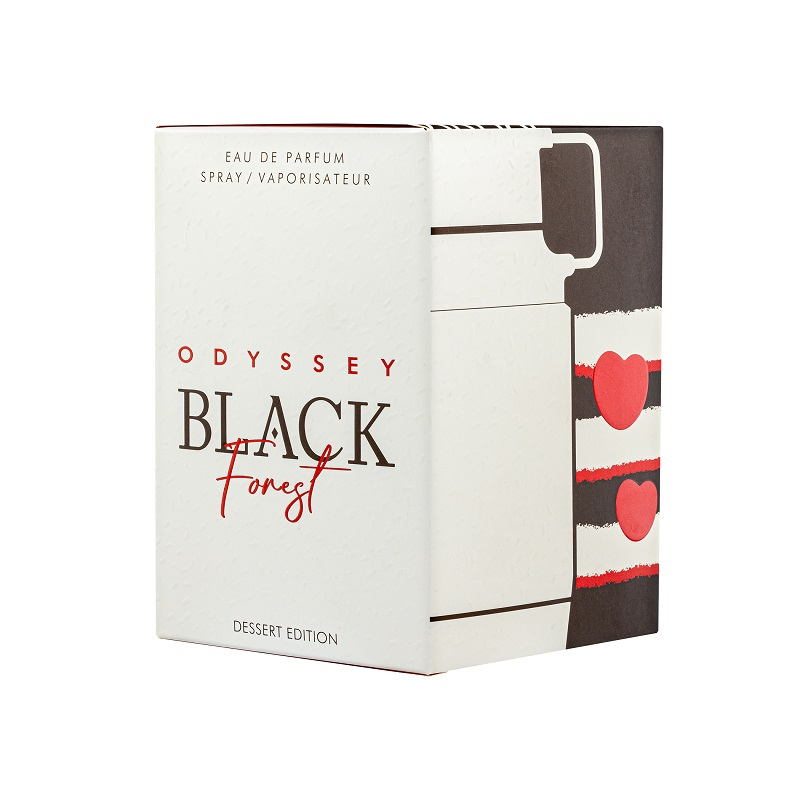 Odyssey Black Forest Eau De Parfum 100ml Caixa branca de perfume Odyssey Black Forest com desenho decorativo e texto