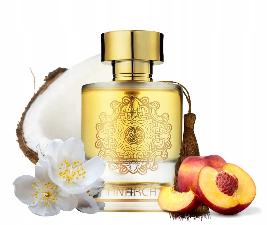 Anarch Eau de Parfum 100ml - Maison Alhambra Frasco de perfume dourado com flores brancas, coco e pêssegos.