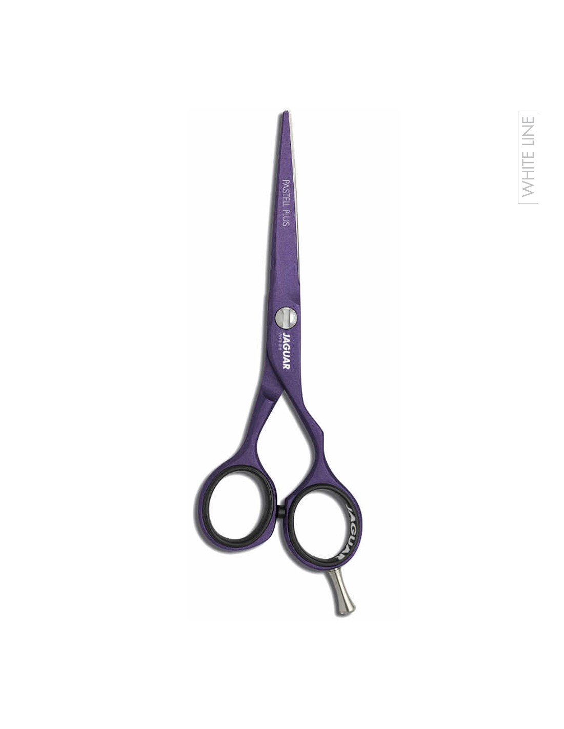 Jaguar Tesoura Pastell Plus Offset Viola - White Line Tesoura de corte roxa com argolas pretas e peça metálica, texto branco, fundo branco