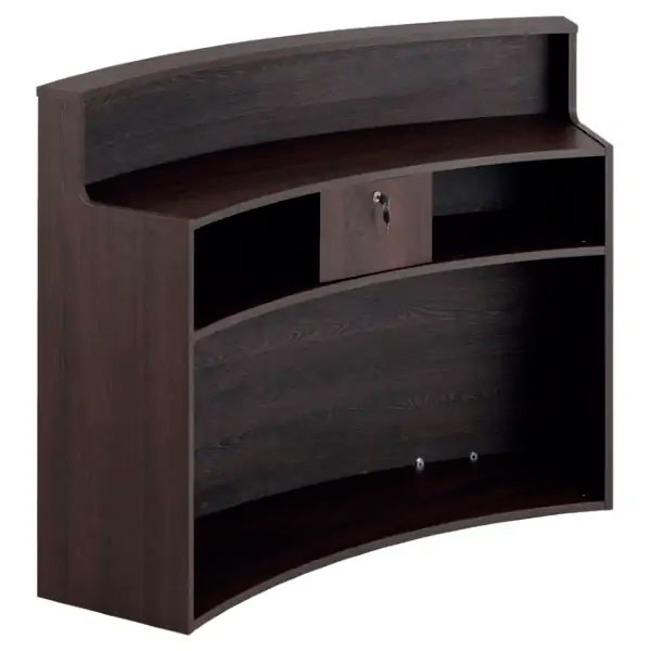 Balcão Ceriotti Curvy Móvel de escritório curvo em madeira castanha escura com prateleiras e porta com fechadura