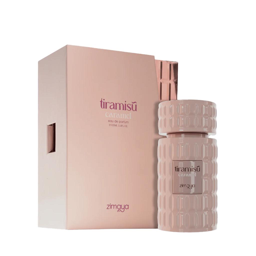 Zimaya Tiramisu Caramel Eau De Parfum Frasco de perfume tiramisu caramel ao lado da caixa