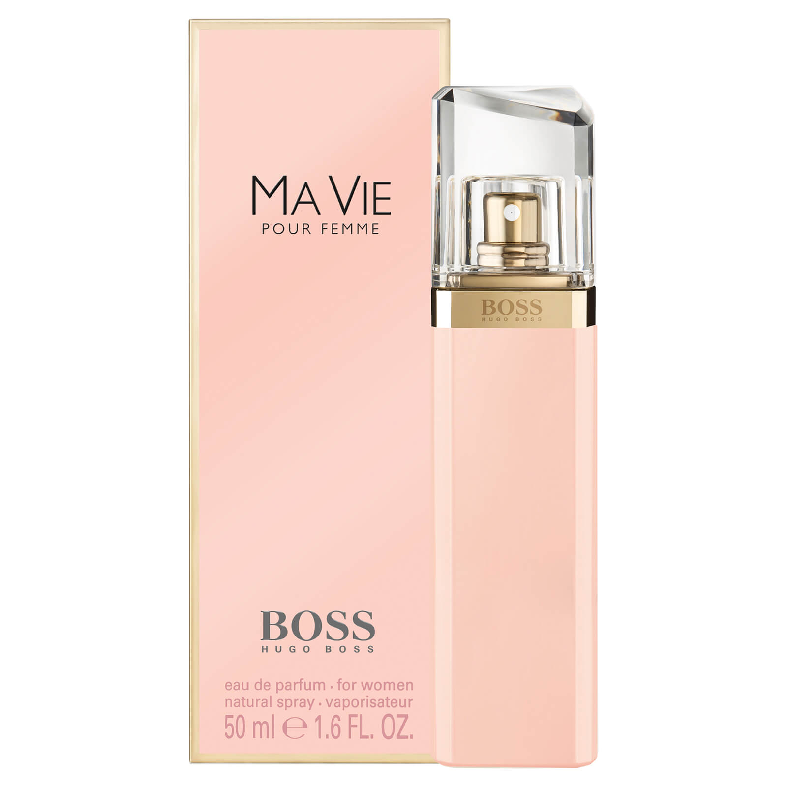 HUGO BOSS Ma Vie For Her Eau de Parfum 50ml Perfume Ma Vie Pour Femme da BOSS Hugo Boss com frasco rosa e tampa transparente ao lado da caixa rosa