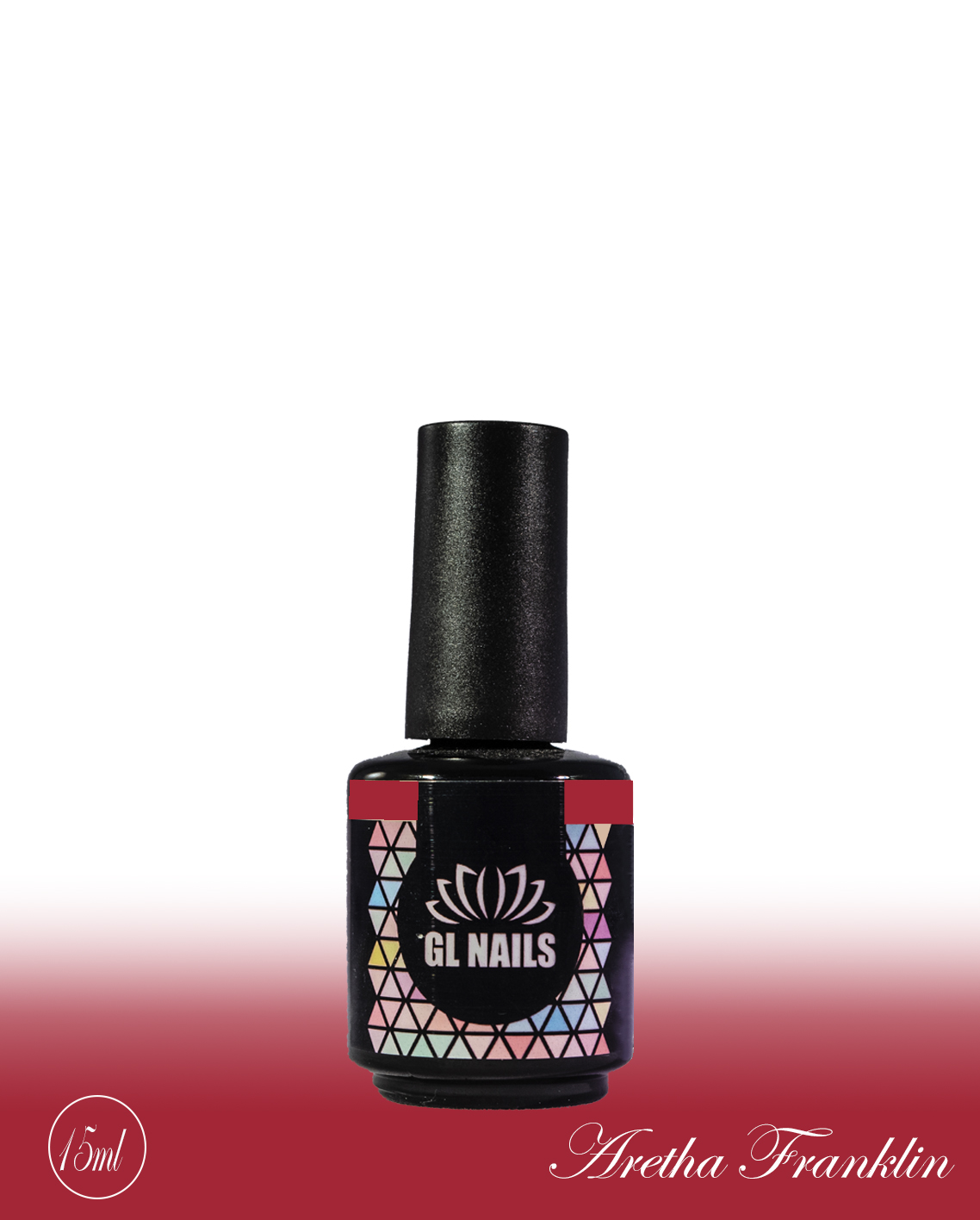 GL Nails - Verniz Gel Aretha Franklin 15ml Frasco de verniz de unhas com rótulo geométrico colorido e texto GL NAILS