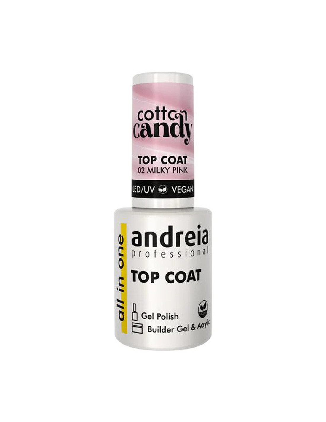 Top Coat All in One Cotton Candy 02 Andreia Profissional Milky Pink 10.5ml Frasco de verniz de unhas Andreia Professional Top Coat com tampa rosa algodão doce