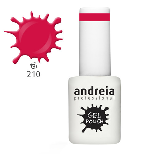 Andreia Verniz de Gel 210 - 10.5ml Frasco branco de verniz gel para unhas Andreia Professional com tampa branca e faixa rosa