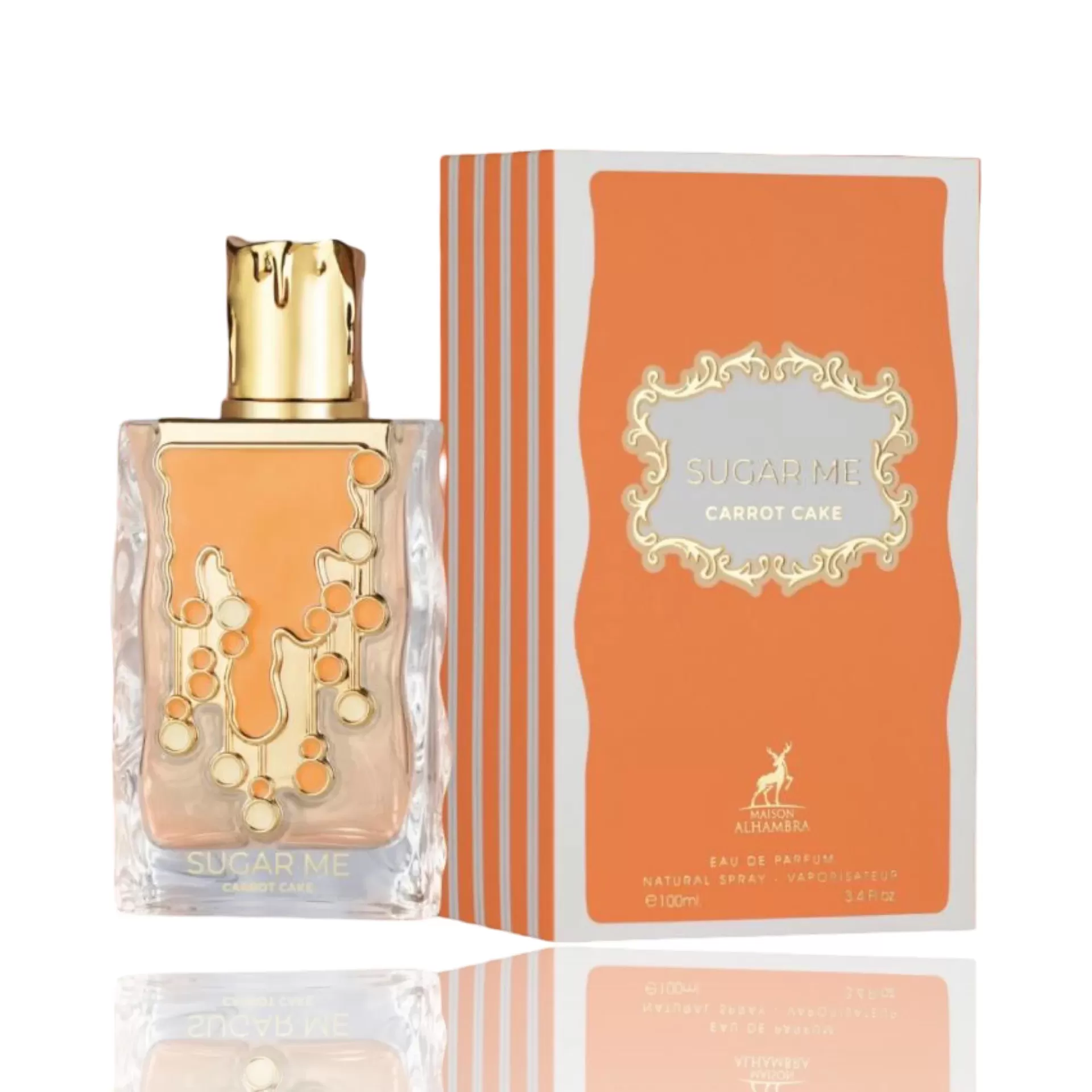 Maison Alhambra Carrot Cake Eau De Parfum 100ml Frasco de perfume SUGAR ME CARROT CAKE com embalagem laranja e dourada