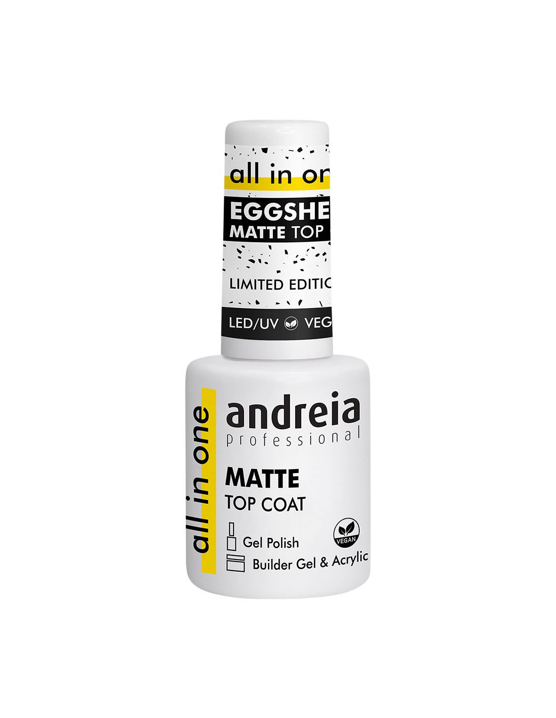 Top Coat Matte Eggshell All in One - Andreia Frasco branco de verniz matte com texto em preto e amarelo da marca andreia professional