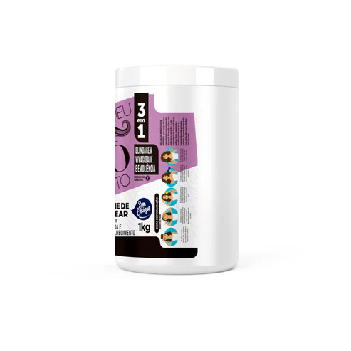 Gota Dourada Creme de Pentear Meu Cacho Perfeito Uva 1Kg Recipiente branco de plástico com rótulo roxo de produto cosmético 3 em 1