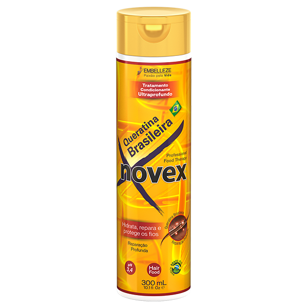 Novex Condicionador Queratina Brasileira 300ml Frasco amarelo do produto Novex Queratina Brasileira para tratamento capilar de 300 ml