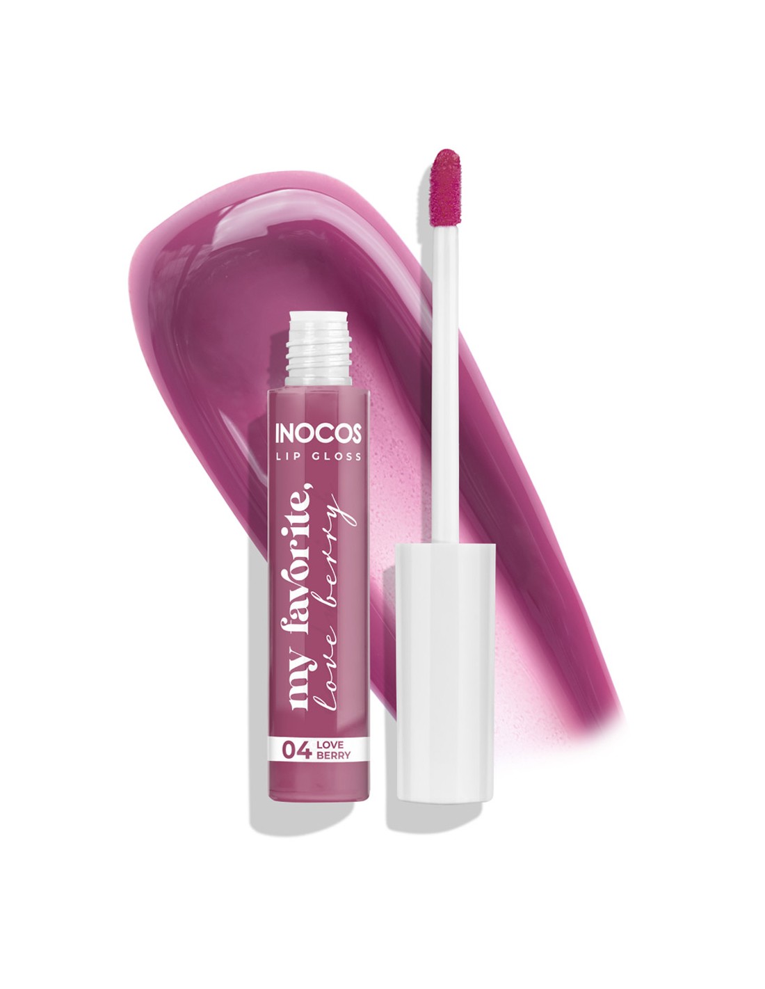 Lip Gloss 04 Love Berry 8ml - Inocos Coleção de Natal "A minha coisa favorita" Brilho labial INOCOS Love Berry cor 04 com aplicador aberto e amostra da cor.