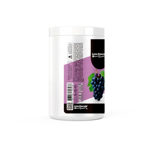 Gota Dourada Creme de Pentear Meu Cacho Perfeito Uva 1Kg Frasco branco de plástico com rótulo roxo e preto, imagem de uvas e texto Gota Dourada