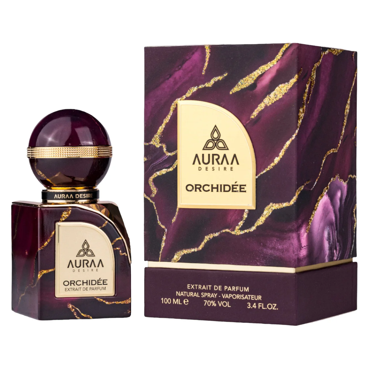 Auraa Desire Orchidee Extrait De Parfum 100ml Frasco e caixa de perfume AURAA DESIRE ORCHIDÉE roxo e dourado