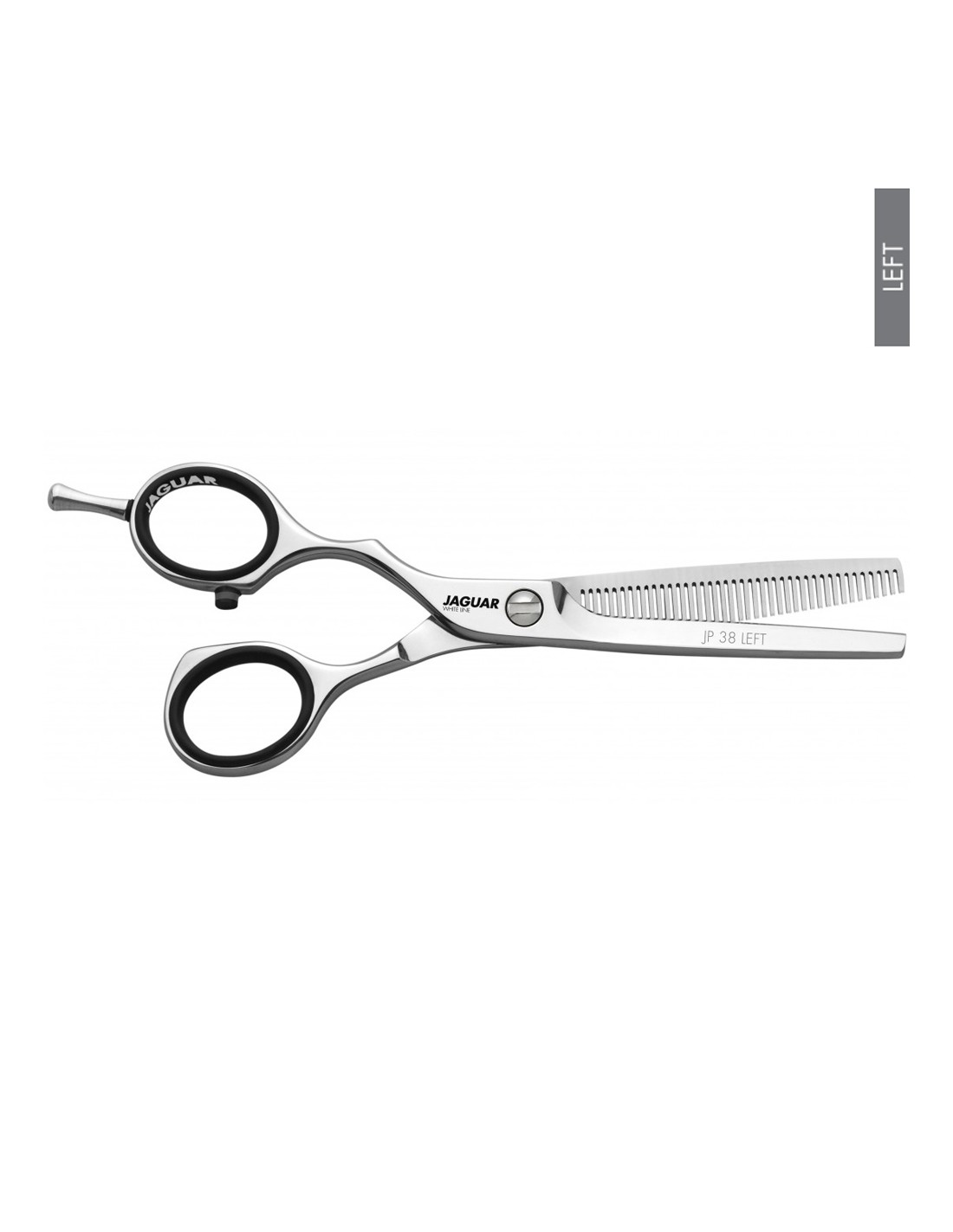 Jaguar Tesoura Desbaste JP 38 Left White Line Tesoura de cabeleireiro prateada com detalhes pretos