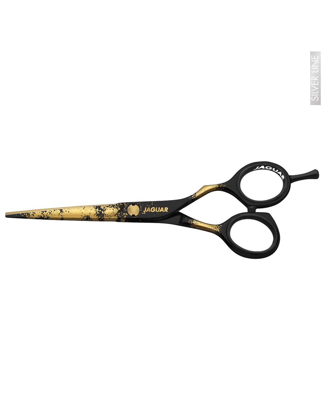 Jaguar Tesoura Gold Rush - Silver Line Tesoura de corte de cabelo preta e dourada com detalhes da marca JAGUAR