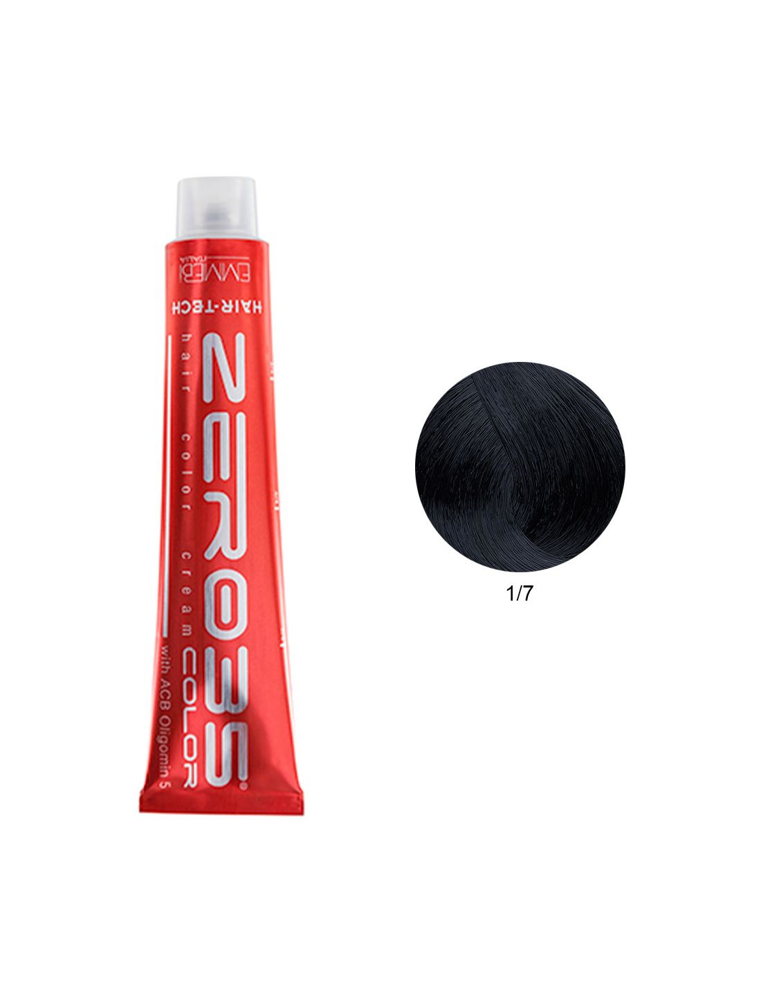 Coloração Hair-Tech 100ml - 1/7 Preto Azulado - Emmebi Tubo de tinta para cabelo vermelho e amostra de cor preta 1/7