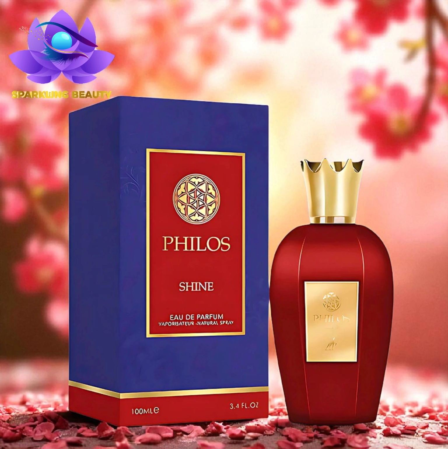 Maison Alhambra Philos Shine Eau de Parfum 100ml Frasco de perfume vermelho com tampa dourada em forma de coroa ao lado de caixa azul e vermelha com detalhes dourados