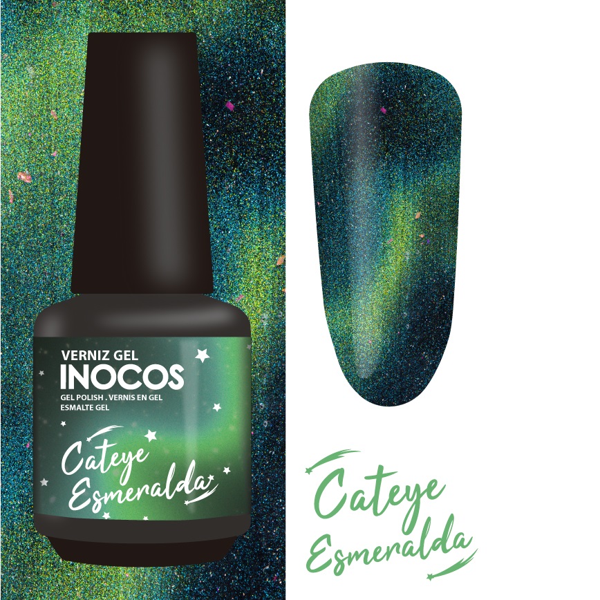 INOCOS VERNIZ GEL CATEYE ESMERALDA 15ML Frasco de verniz gel verde cintilante INOXS Cateye Esmeralda com amostra da cor