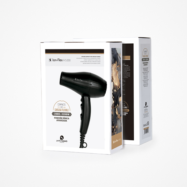 Perfect beauty Secador Profissional ÍON-FLEX R-5.000 Caixa de secador de cabelo Ion-Flex 5000 preto em fundo branco