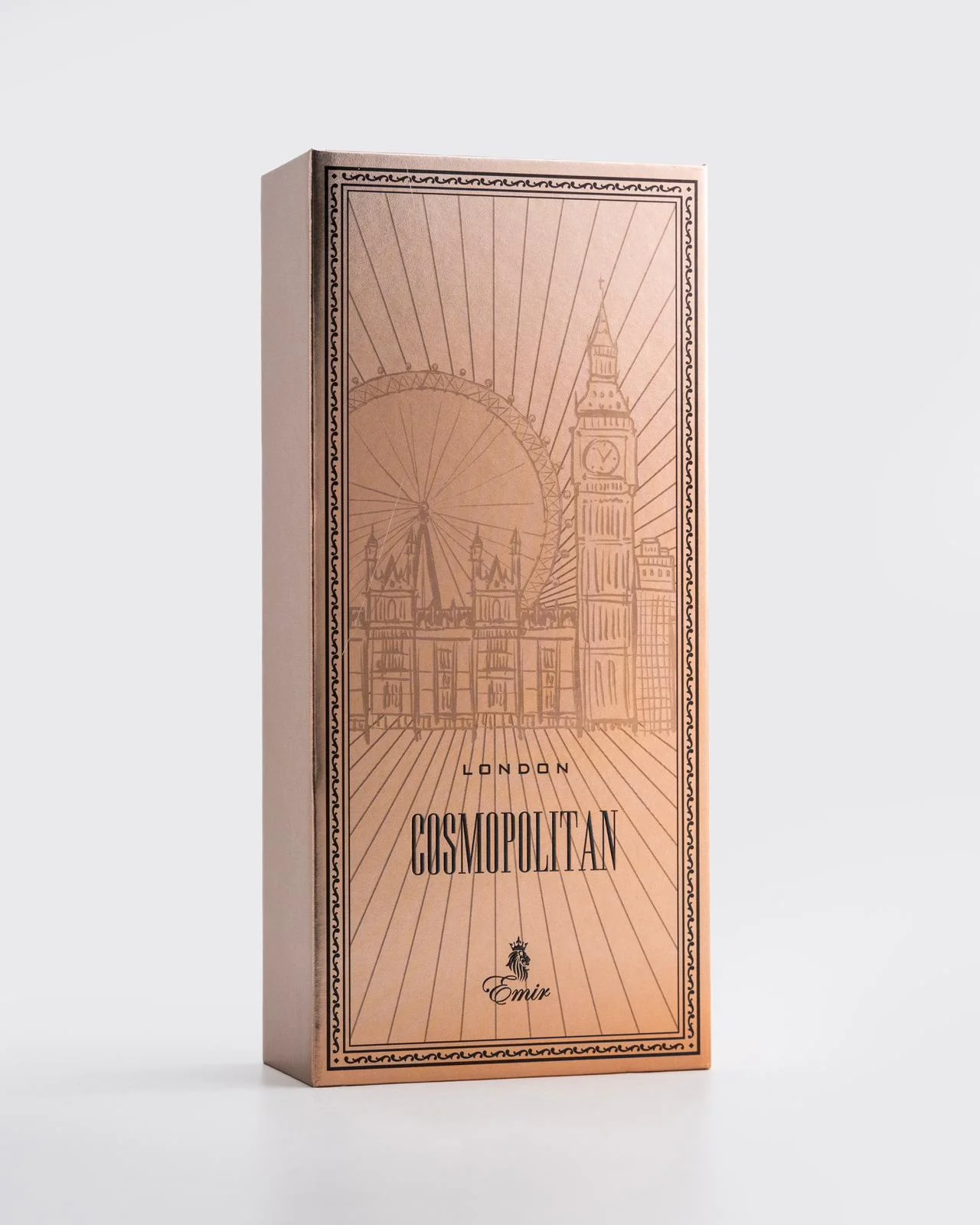 Paris Corner Cosmopolitan London Perfume Unisex 100ml Caixa de produto cosmético cobre com ilustração do Big Ben e roda-gigante, texto LONDON COSMOPOLITAN