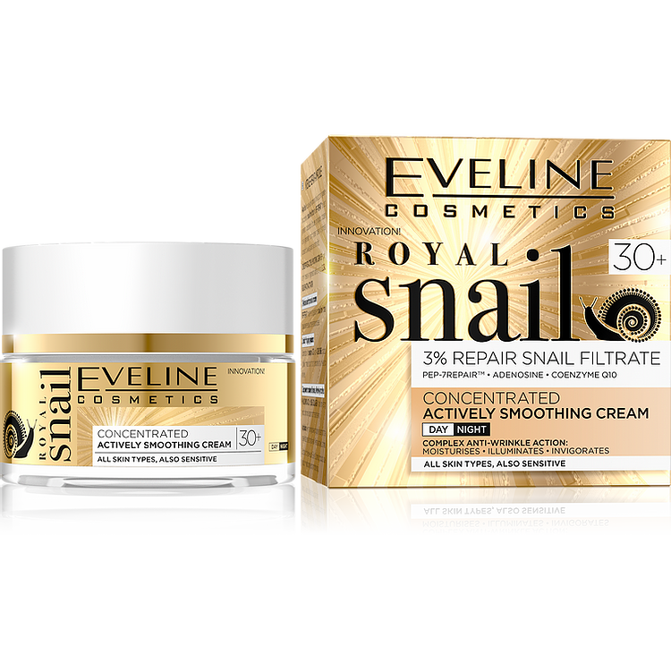 Eveline Cosmetics ROYAL SNAIL DAY AND NIGHT CREAM 30+ 50ML Creme concentrado suavizante Eveline Royal Snail 30+, frasco e caixa dourada