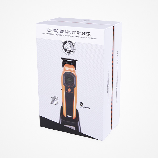 Perfect Beauty Orbis Beam Trimmer Embalagem da máquina de corte ORBIS BEAM TRIMMER com imagem do aparador laranja e preto