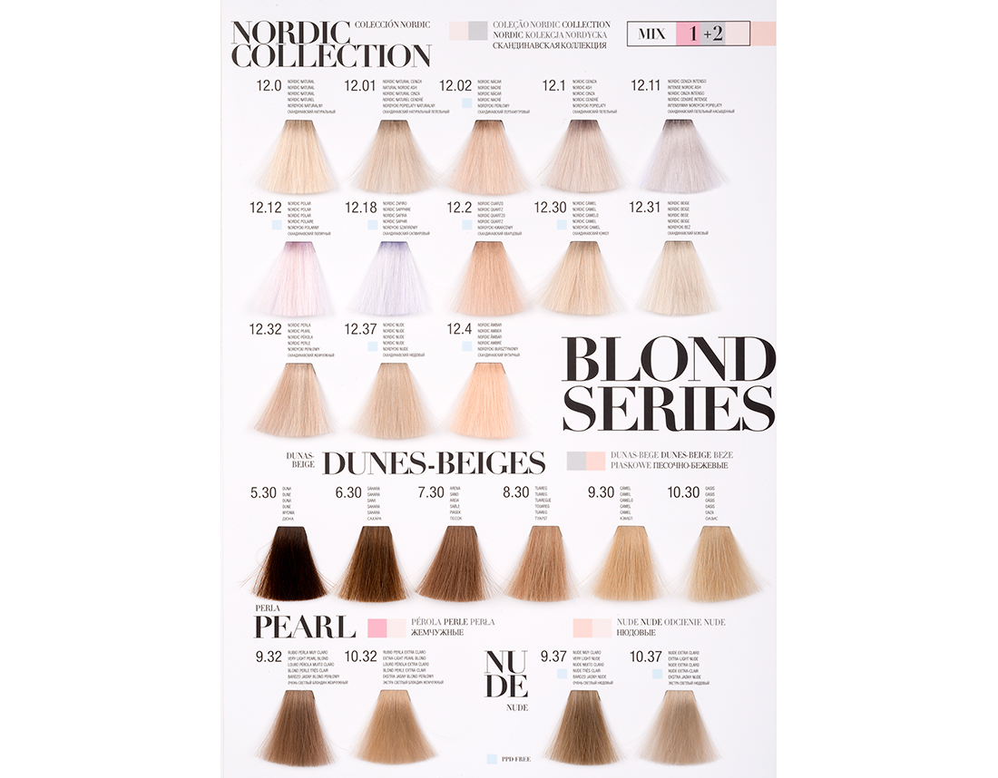 Kosswell Professional Coloração Color Sheen 100ml(108cores) Amostras de cores de tintura para cabelo da colecção Nordic Collection Blond Series, com códigos e nomes das cores.