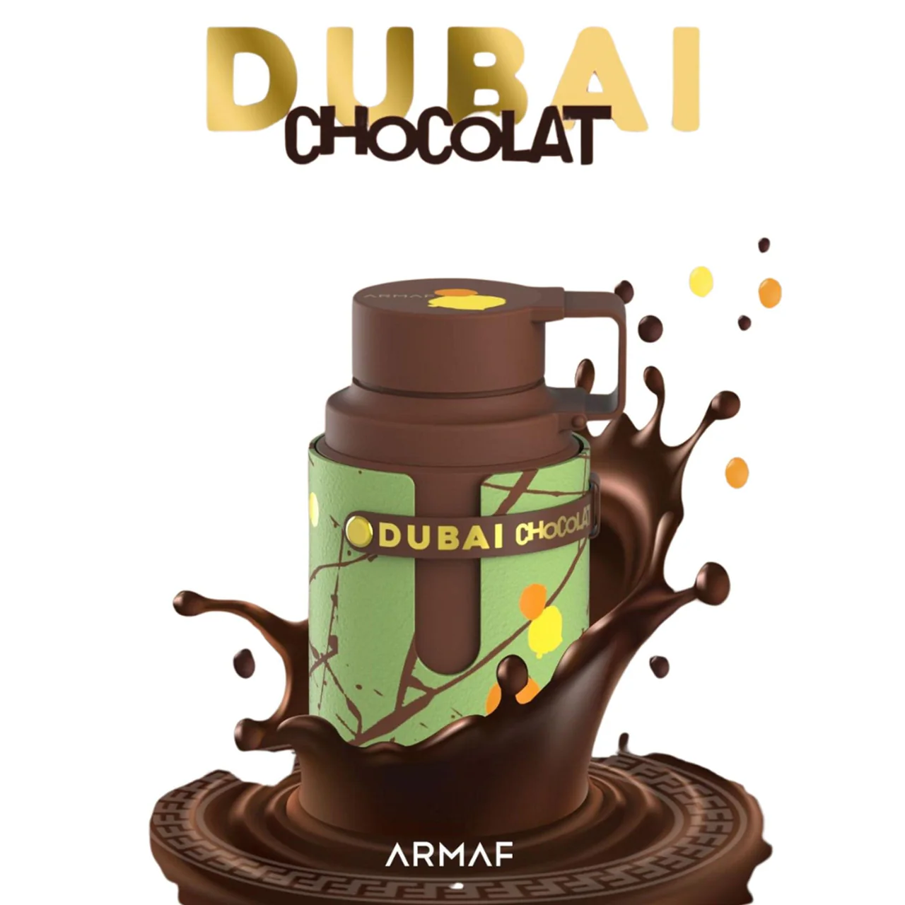 Armaf Odyssey Dubai Chocolate Eau De Parfum 100ml Frasco de perfume Dubai Chocolat Armaf com decoração abstrata e efeito de chocolate líquido