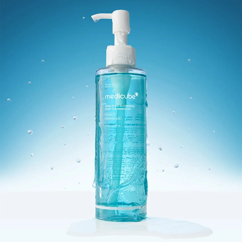 Medicube Zero Pore Blackhead Deep Cleansing Óleo 205ml Frasco de óleo de limpeza profundo azul com doseador branco