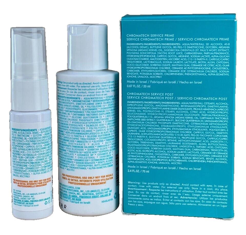 Moroccanoil Chromatech Service Professional Two-Piece Sample Kit Três embalagens de produto cosmético branco e azul-turquesa com textos de ingredientes e instruções
