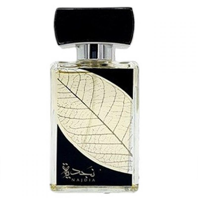 Lattafa Najdia Eau De Parfum 30ml Frasco de perfume com tampa preta, etiqueta preta com folha e texto Najdia