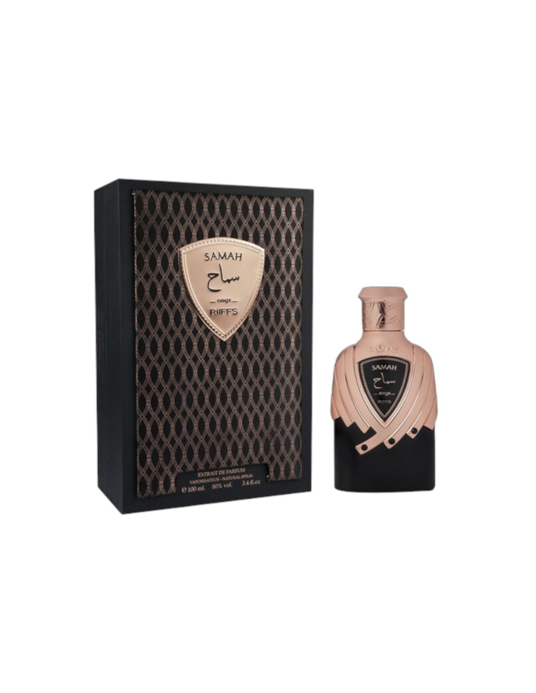 Riiffs Samah Eau De Parfum 100 Ml Frasco e caixa de perfume Samah preto e dourado com padrão geométrico na caixa.