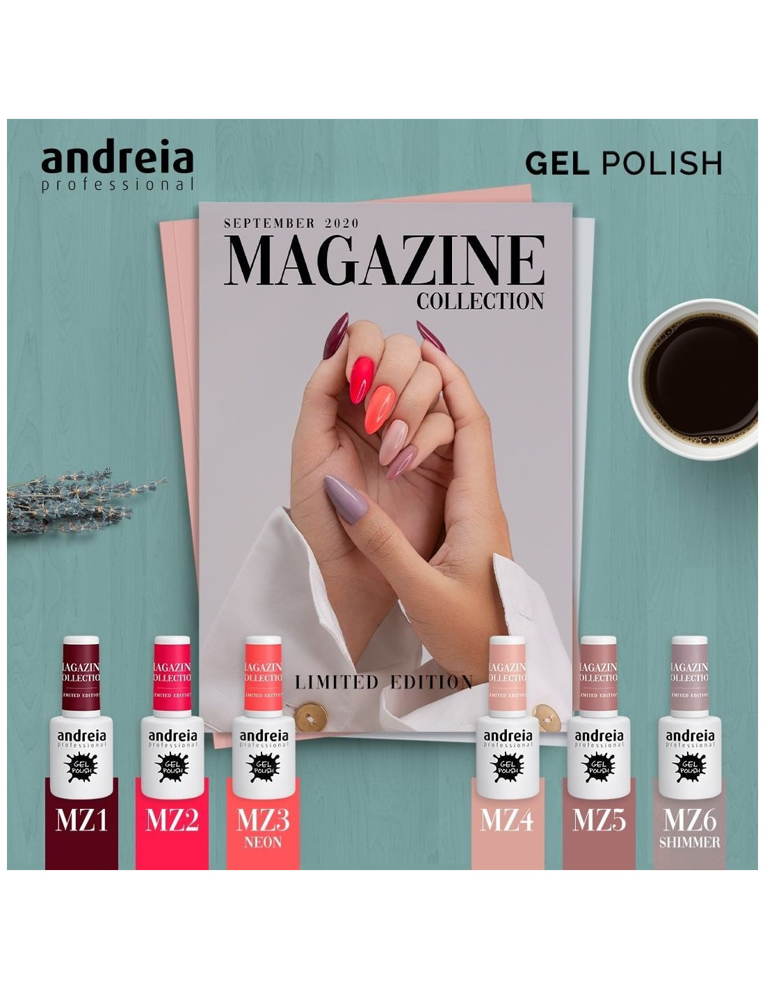 Verniz Gel Andreia - Magazine Collection Esmaltes em gel Andreia Professional Magazine Collection com revista e café sobre mesa verde-água