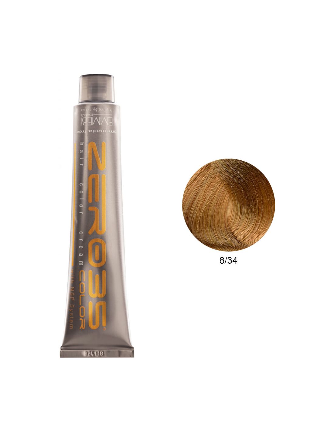 Coloração Sem Amoníaco 100ml - 8/34 Loiro Dourado Cobre Claro - Zero35 - Emmebi Tubo de coloração capilar Framesi 8/34 com amostra da cor castanho claro dourado