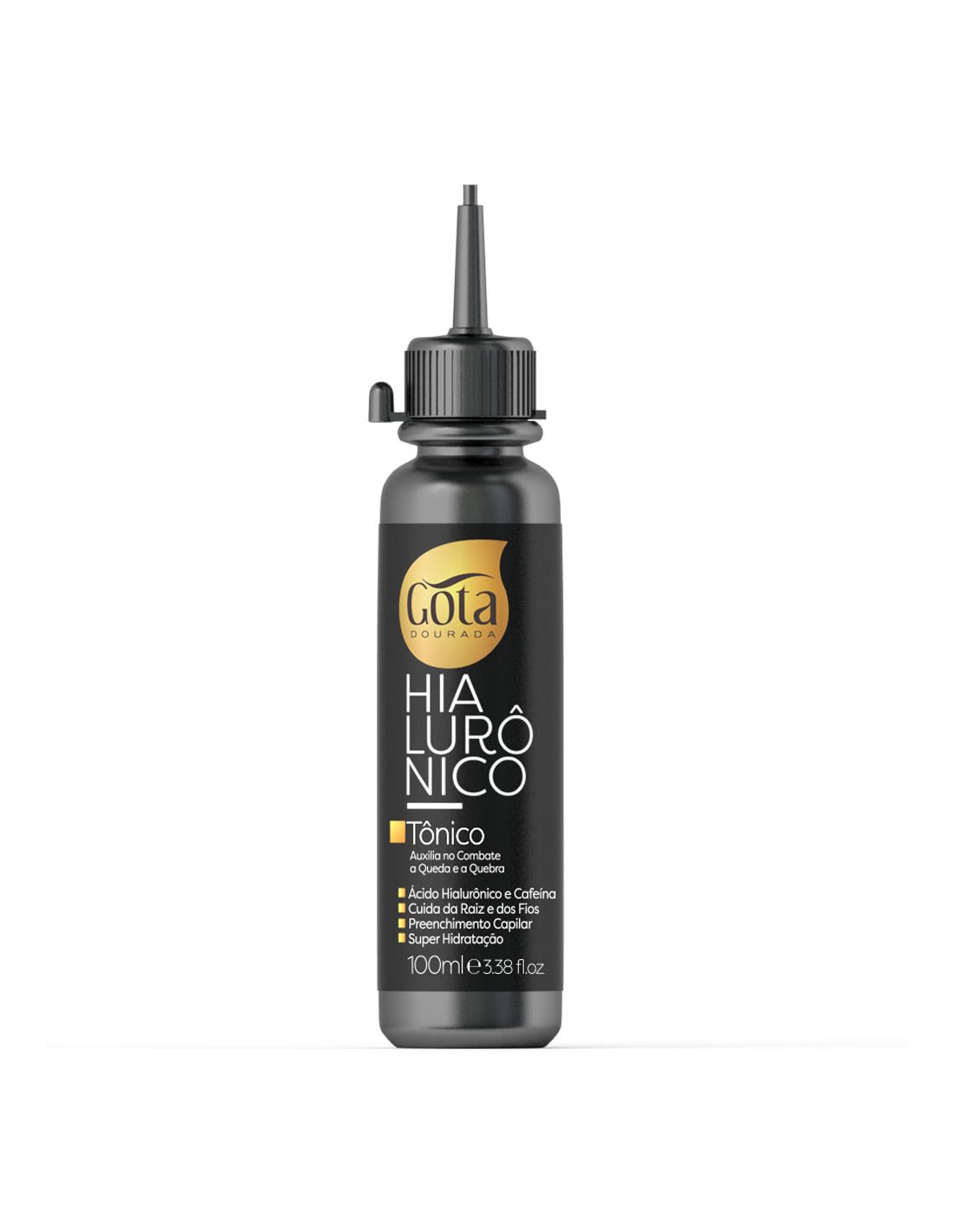 Tónico Preenchedor Hialurônico 100ml - Gota Dourada Frasco preto de tónico capilar Hialurônico Gota Dourada com tampa dosadora
