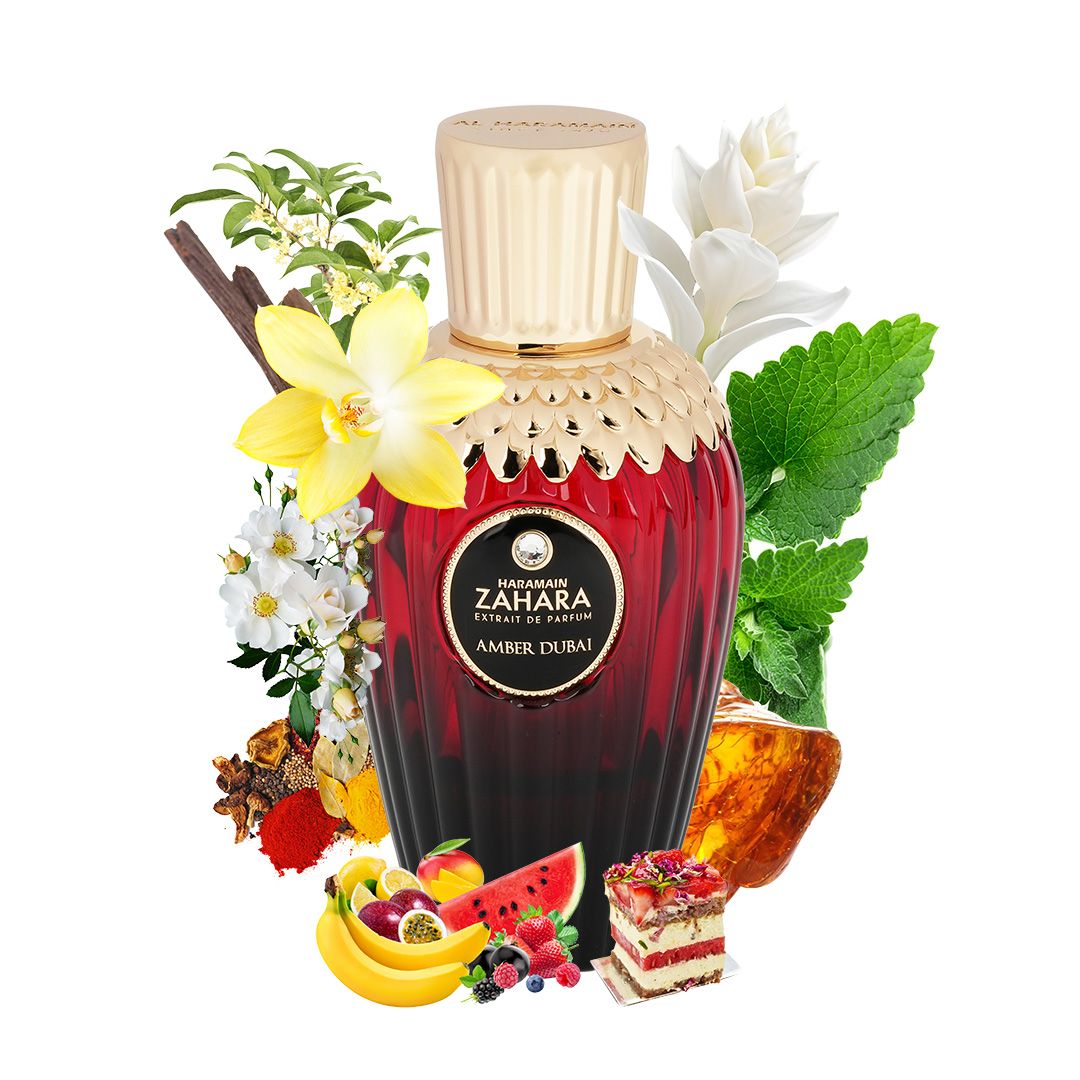 Al Haramain Zahara Amber Dubai Extrait Compartilhável 100ml Frasco de perfume vermelho com tampa dourada e rótulo preto, rodeado por flores, folhas e frutas