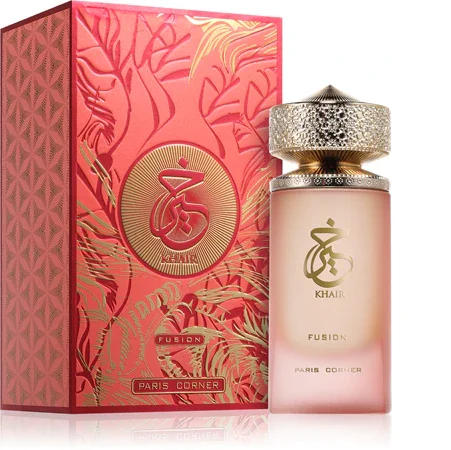 Paris Corner - Oriental Collection Khair Fusion Frasco de perfume rosa com tampa prateada e embalagem rosa com detalhes em dourado