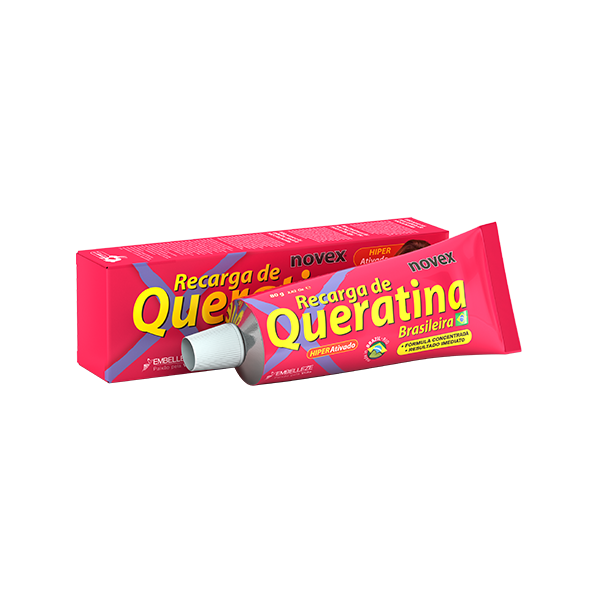 Novex Recarga de Queratina Queratina Brasileira 80g Tubo e caixa vermelhos com rótulo amarelo de Recarga de Queratina Brasileira