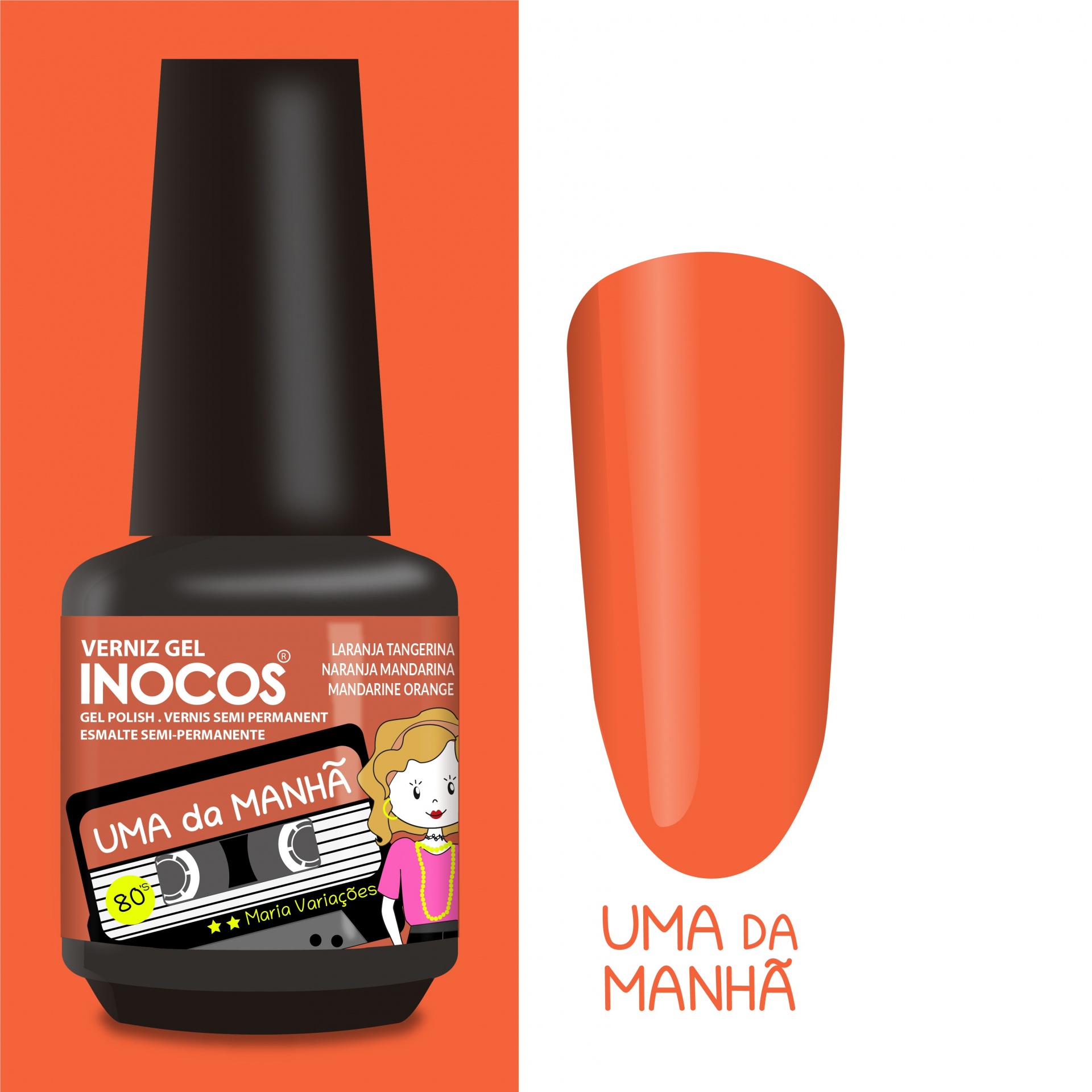 INOCOS VERNIZ GEL UMA DA MANHÃ 15ML Frasco de verniz gel laranja tangerina INOCOS com amostra de cor e texto UMA DA MANHÃ