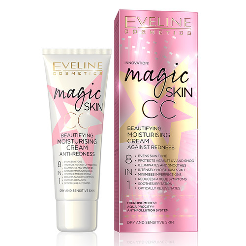 Eveline Magic Skin Cc Moisturising Cream Anti-Redness 8In1 Creme hidratante facial Magic Skin CC Eveline Cosmetics em tubo branco com caixa rosa