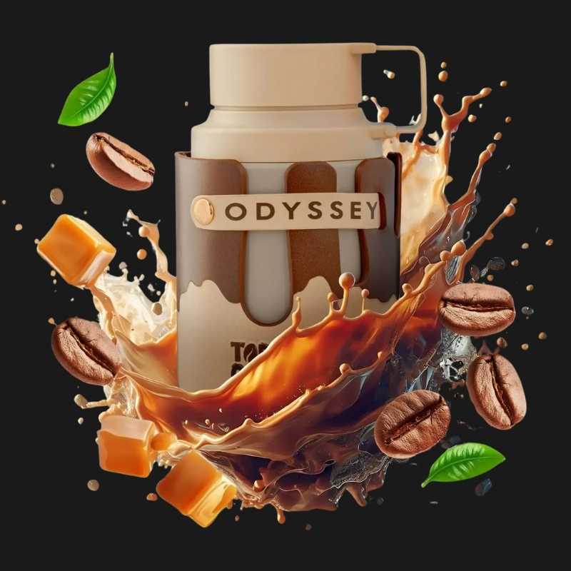 Odyssey Toffee Coffee Eau De Parfum 100ml Garrafa creme com capa castanha rodeada por elementos de café e caramelo