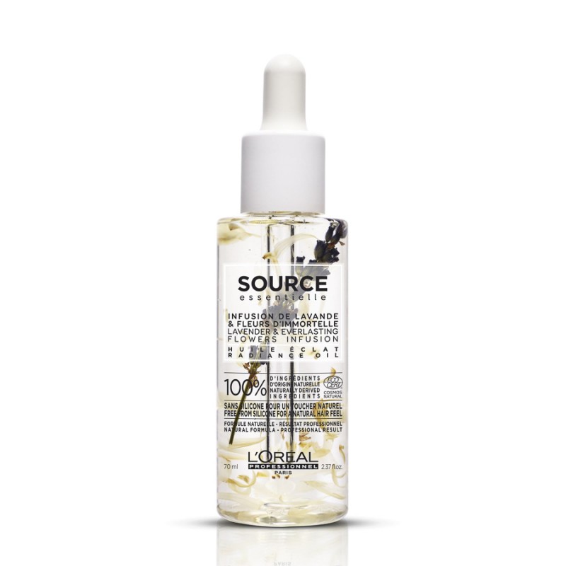 L'Oréal Source Essentielle Radiance Oil 70ml Frasco transparente com conta-gotas branco de infusão de flores de lavanda L'Oréal Source Essentielle